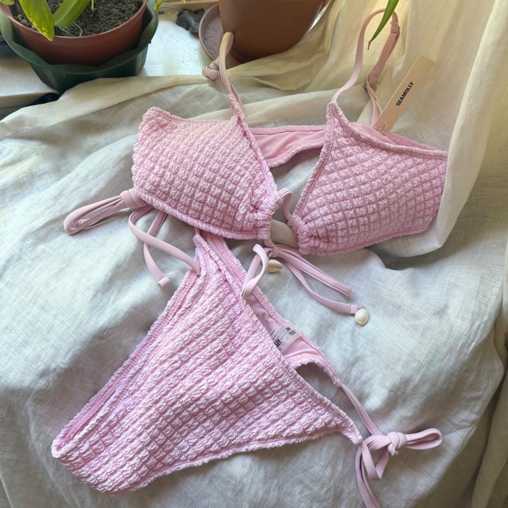 NWT SEAMOLLY pink textured tie front bikini set swim swimsuit beach